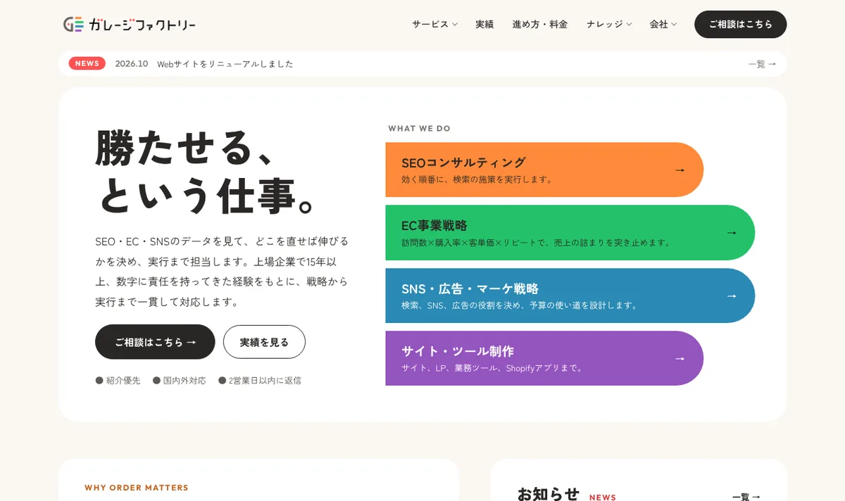リニューアルしたガレージファクトリーのトップページ。勝たせる、という仕事。の見出しと、4つのサービスへの入口が並んでいる